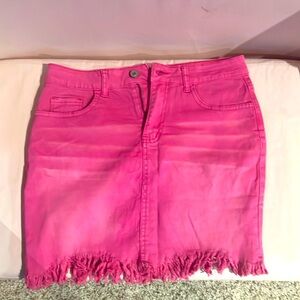 Bright pink high waist denim skirt with fading.